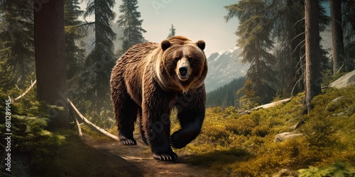 a large brown bear is walking through the forest, generative AI © VALUEINVESTOR