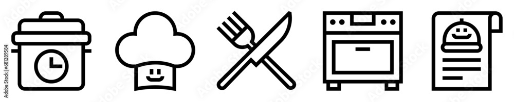Conjunto de iconos de cocina. Preparación de alimentos. Cacerola con reloj, sombrero de chef, tenedor con cuchillo, horno, receta. Ilustración vectorial Conjunto de iconos de cocina. Preparación de alimentos. Cacerola con reloj, sombrero de chef, tenedor con cuchillo, horno, receta. Ilustración vectorial