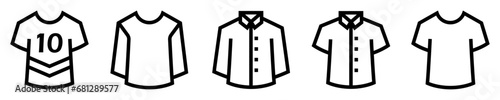 Conjunto de iconos de tipos de camisas y camisetas. Indumentaria, ropa. Camiseta deportiva, neutra, manga larga y corta. Ilustración vectorial photo