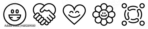 Conjunto de iconos de amabilidad. Empatía, generosidad. Sonrisa, apretón de manos, corazón gentil, flor feliz, personas en armonía. Ilustración vectorial