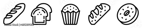 Conjunto de iconos de pan. Panadería. Baguette, pan de molde, panecillo, integral, bagel. Ilustración vectorial photo