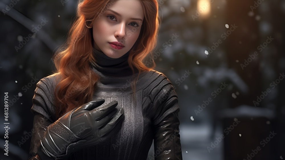 Elegant woman in winter scene, wearing gloves and turtleneck, with snowflakes Elegant woman in winter scene, wearing gloves and turtleneck, with snowflakes
