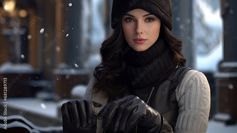 Elegant woman in winter scene, wearing gloves and turtleneck, with snowflakes