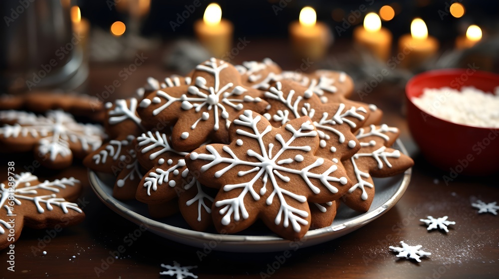 Decorative gingerbread cookies with white icing on a plate, festive holiday treats concept. Decorative gingerbread cookies with white icing on a plate, festive holiday treats concept.
