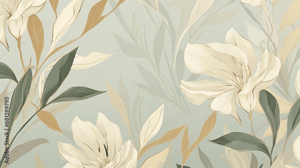 a beige and dusty green botanical for a background in a horizontal format in an abstract floral pattern-themed, graphic illustration in JPG. Generative ai