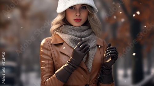 Elegant woman in winter scene, wearing gloves and turtleneck, with snowflakes