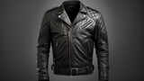 Stylish black leather jacket with brown accents on a gray background.