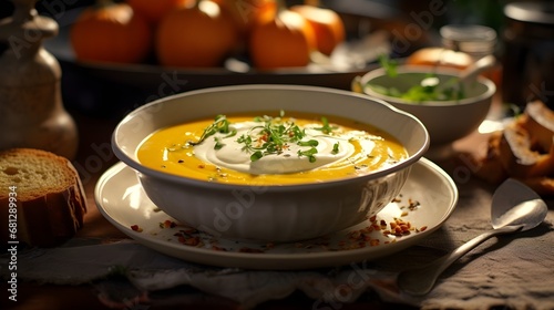 Cozy autumn meal setting with a bowl of creamy pumpkin soup garnished with herbs,