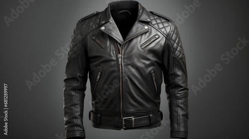 Stylish black leather jacket with brown accents on a gray background.