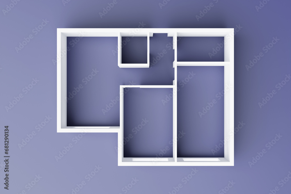 3D rendering. Model of a three-room apartment. Empty apartment without furniture, plumbing and decoration. 3D rendering. Model of a three-room apartment. Empty apartment without furniture, plumbing and decoration.