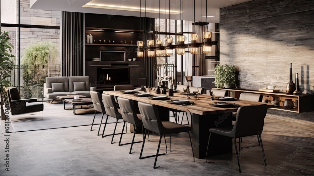 A modern and chic dining room, full of style and luxury. Generative AI.