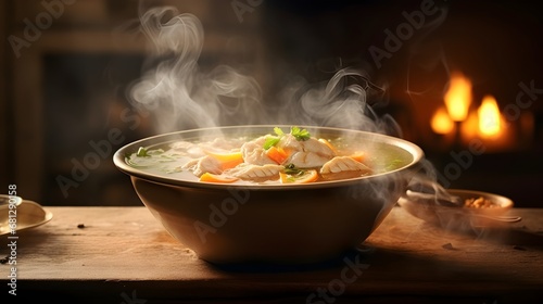 Steaming bowl of soup with dumplings, on a rustic table with a fireplace in the background.