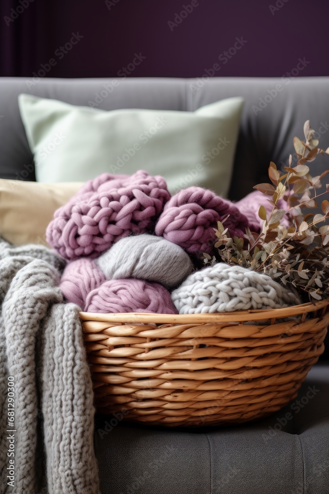 knitting basket with woolen yarns and a half-knitted sweater on a comfortable couch AI generated illustration