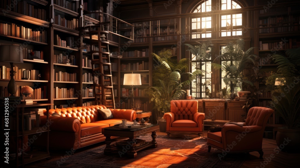 library with filled bookshelves soft armchairs and dimmed warm lighting AI generated illustration library with filled bookshelves soft armchairs and dimmed warm lighting AI generated illustration