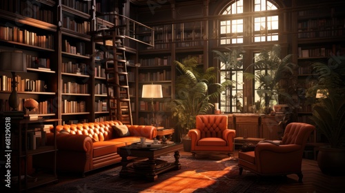 library with filled bookshelves soft armchairs and dimmed warm lighting AI generated illustration