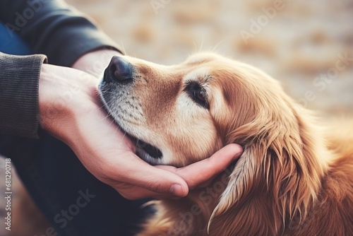 a horizontal format of hands petting and caressing a dog's face in a Pet-themed, realistic illustration in JPG. Generative ai photo
