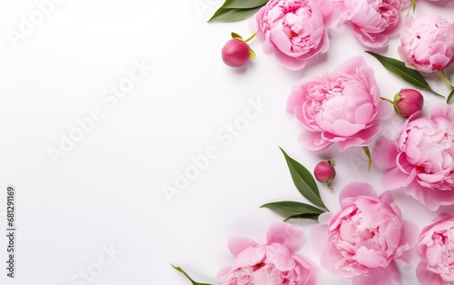 Start of spring poster. Pink peonies isolated on white background. Garden flowers. Copy space  top view  flat lay. Fresh sale banner design. Botanical frame composition  lots of air. AI Generative.