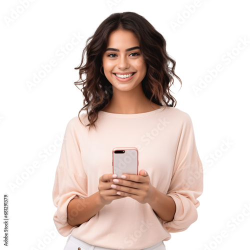 smiling young woman holding smartphone 