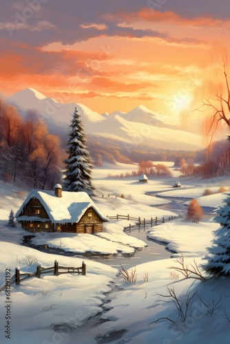 picturesque winter landscape with a solitary warmly-lit farm AI generated illustration