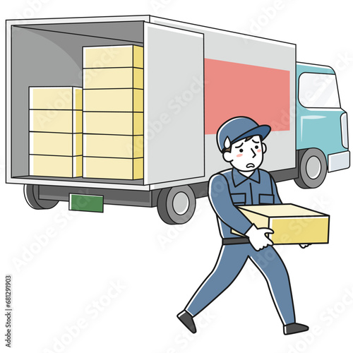疲れた表情で荷物を運ぶ作業服の男性とトラック