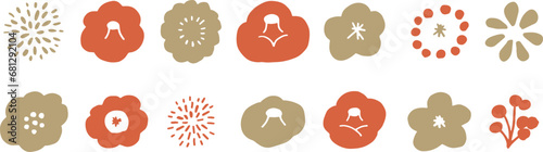 正月年賀状用素材。年賀状用の和風アイコンイラスト。椿や梅のシンプルアイコン。New Year's card material. Japanese style icon illustration for New Year's card. Simple icons of camellia and plum blossoms. photo