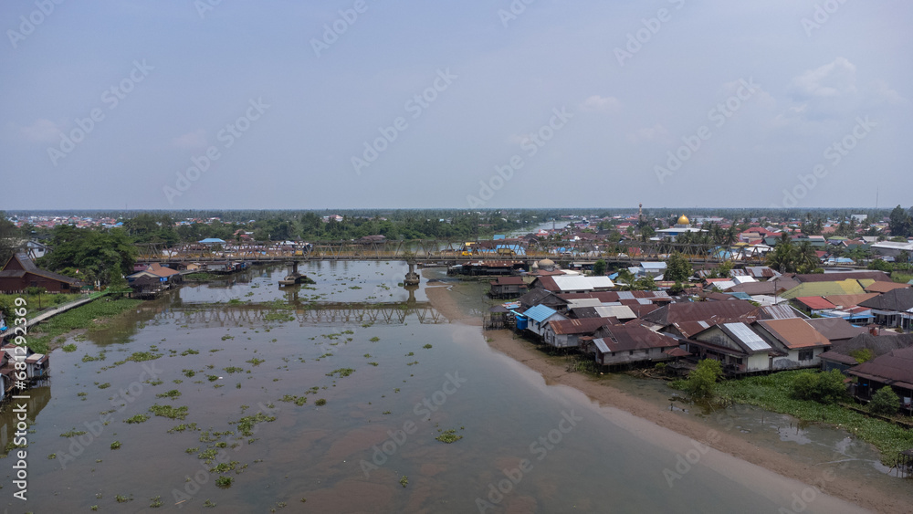 Aerial view of the bridge known as the Banua Anyar Bridge in Banjarmasin which is over the very large Martapura River