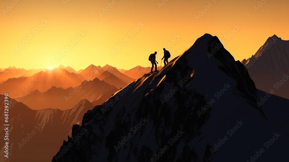 Sunrise in the mountains and a group of hikers 