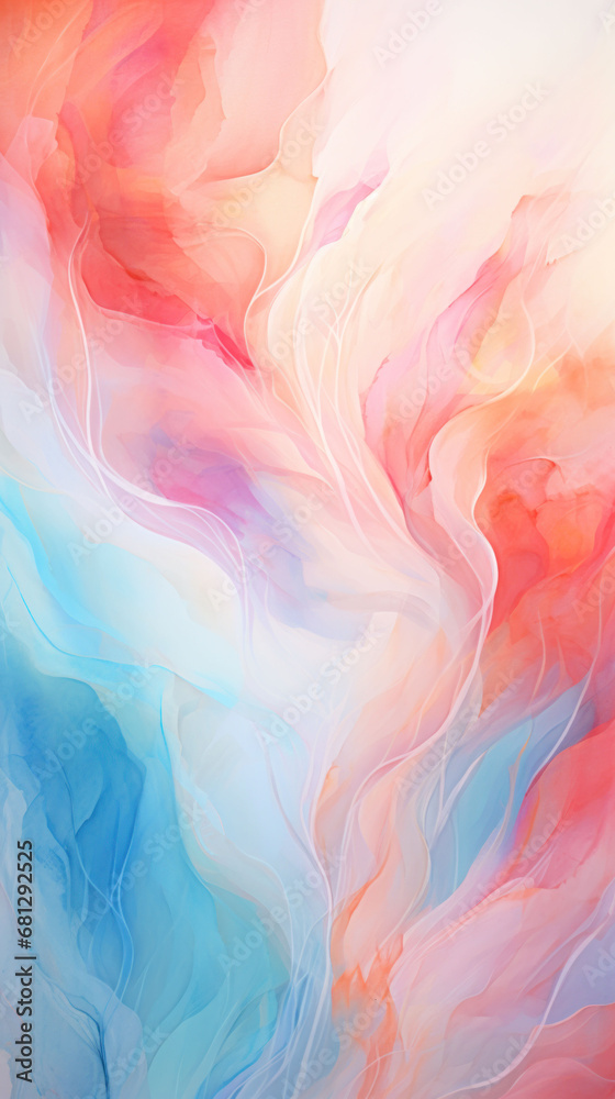 Soft pastel watercolors merge into a pink and blue abstract that hints at floral shapes. The background is a gentle wash of calming colors.