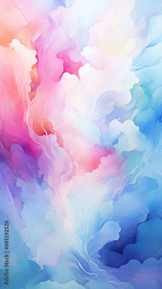 Dreamy cloud-like formations emerge in pastel watercolor shades, with a gentle mix of pinks and blues in the background.