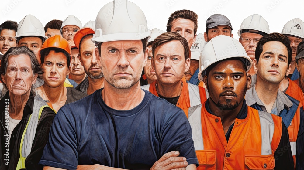 a horizontal format of angry workers on strike in a Labor-themed ...