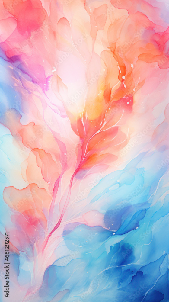 Watercolor abstraction blooms into a floral-like pattern with soft coral and blue hues. The background is a delicate gradient of pastel tones.