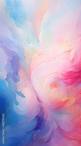 Ethereal swirls of pastel watercolor paint create a dreamlike abstraction. The background is a fusion of soft blues, pinks, and purples.