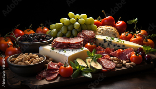 Freshness and variety on a wooden plate tomato, salami, and bread generated by AI