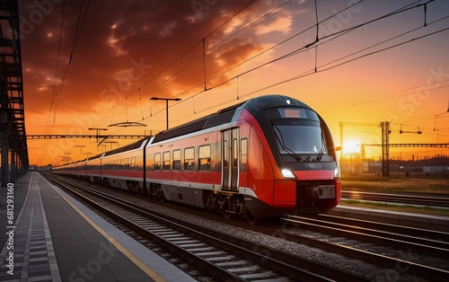 Realistic photo of train at sunset, industrial landscape with intercity passenger train. generative ai