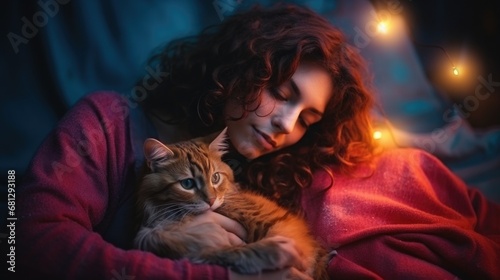 a horizontal format of a woman with her cat snuggling in a Pet-themed, realistic illustration in JPG. Generative ai