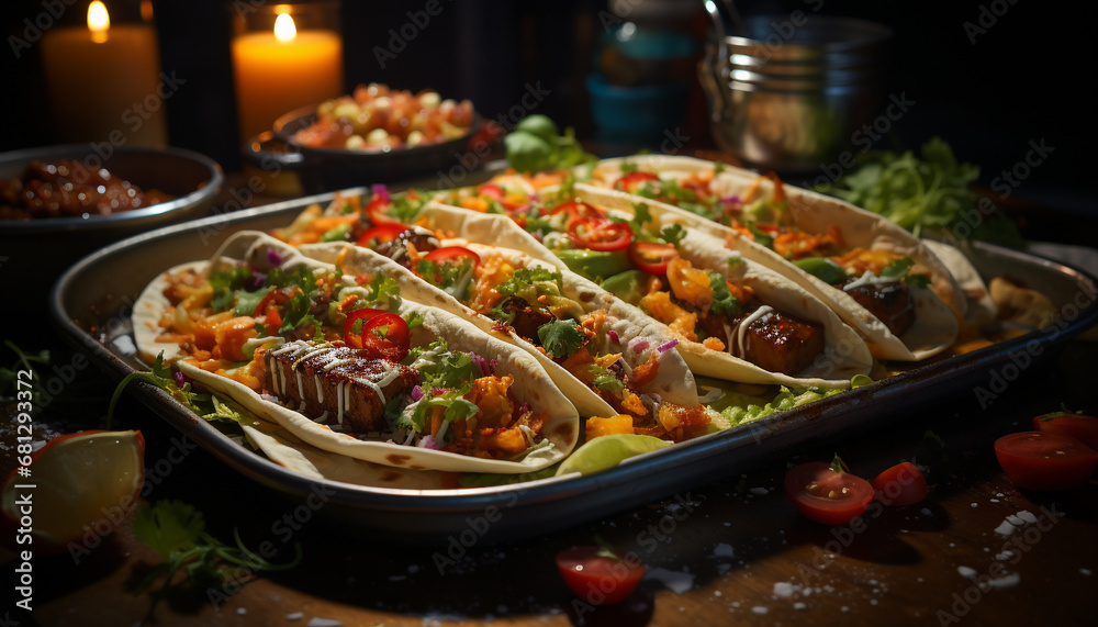 Fototapeta premium Grilled beef taco with fresh tomato and guacamole generated by AI
