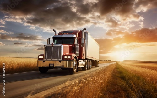 Realistic photo of commercial truck crossing farmland, with bright daylight background. generative ai