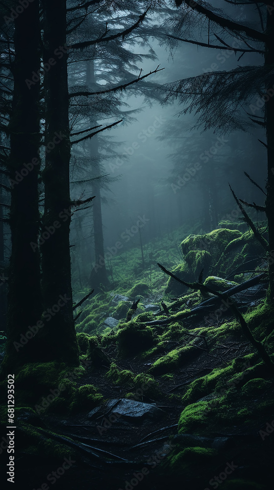 foggy landscape in a coniferous forest, gloomy autumn view twilight cold evening in a mountain forest, vertical panorama of tall trees foggy landscape in a coniferous forest, gloomy autumn view twilight cold evening in a mountain forest, vertical panorama of tall trees