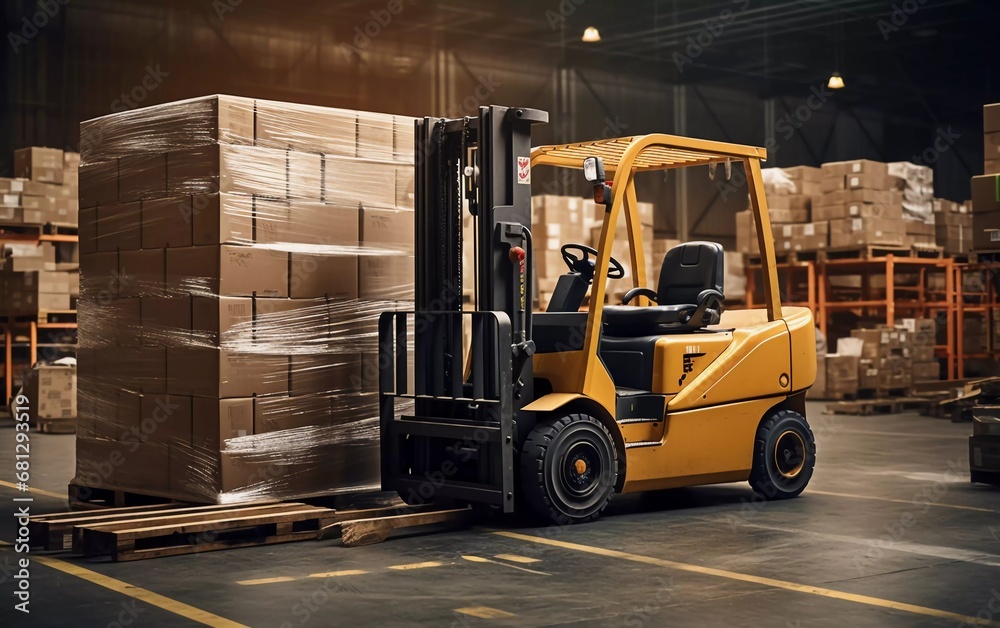 Realistic photo of forklifts transporting goods in factory warehouse. generative ai