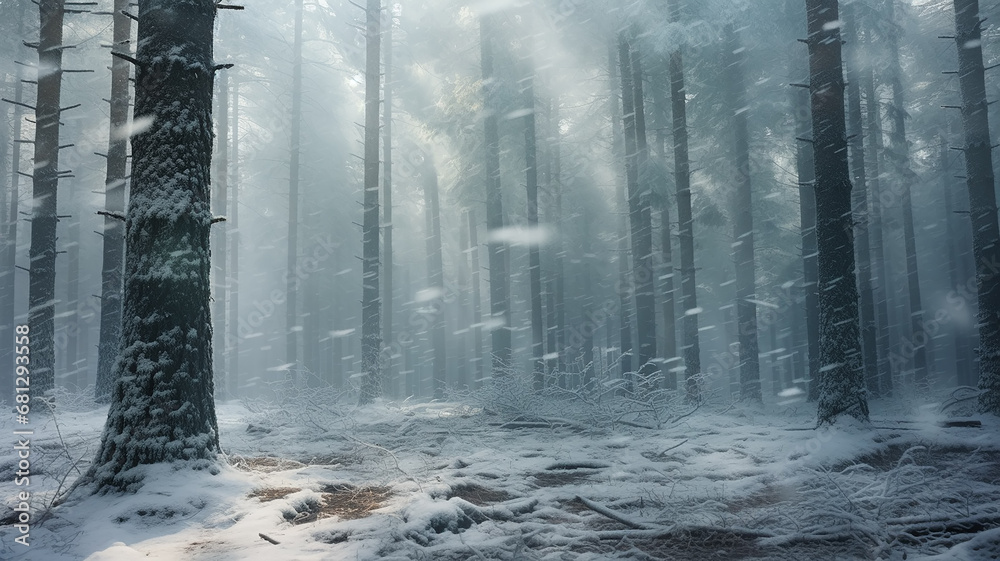 fog in the winter forest landscape at dawn, calm wildlife, bright white panoramic view fog in the winter forest landscape at dawn, calm wildlife, bright white panoramic view