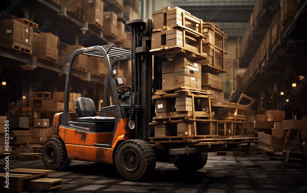 Realistic photo of forklifts transporting goods in factory warehouse. generative ai