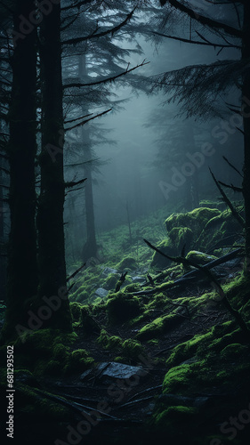 foggy landscape in a coniferous forest  gloomy autumn view twilight cold evening in a mountain forest  vertical panorama of tall trees