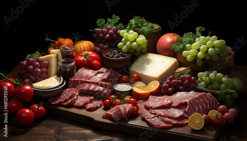 Freshness on a rustic table meat, fruit, and bread generated by AI