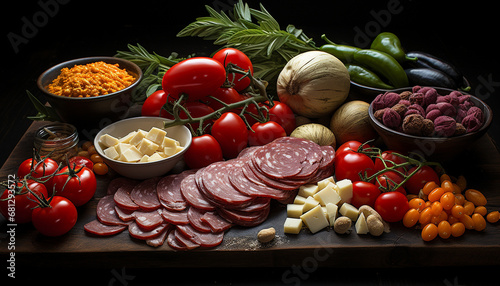 Freshness on wood gourmet meal, healthy eating, smoked meat, organic ingredients generated by AI