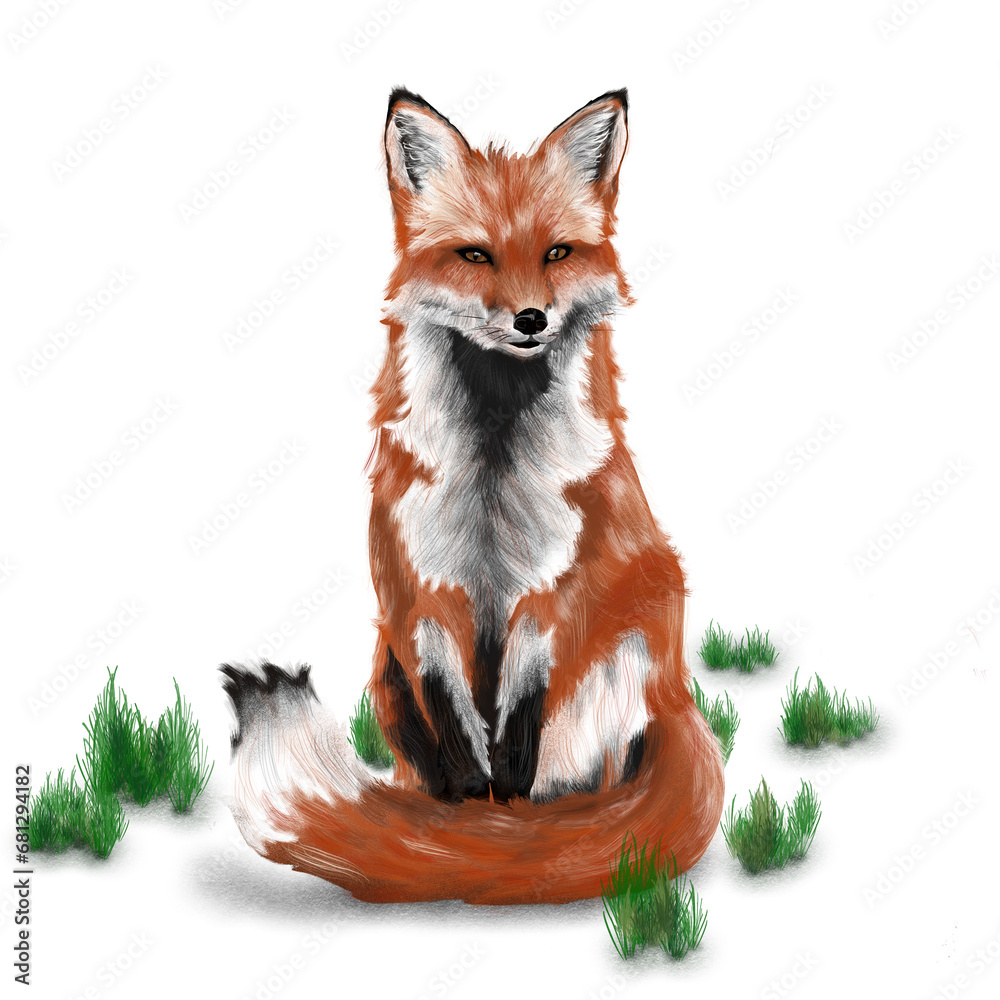Fototapeta premium Thoughtful fox sitting looking ahead illustration