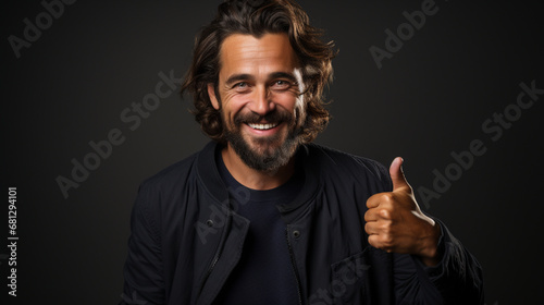 portrait of man showing very good impression with his thumb on the black background created with Ai 