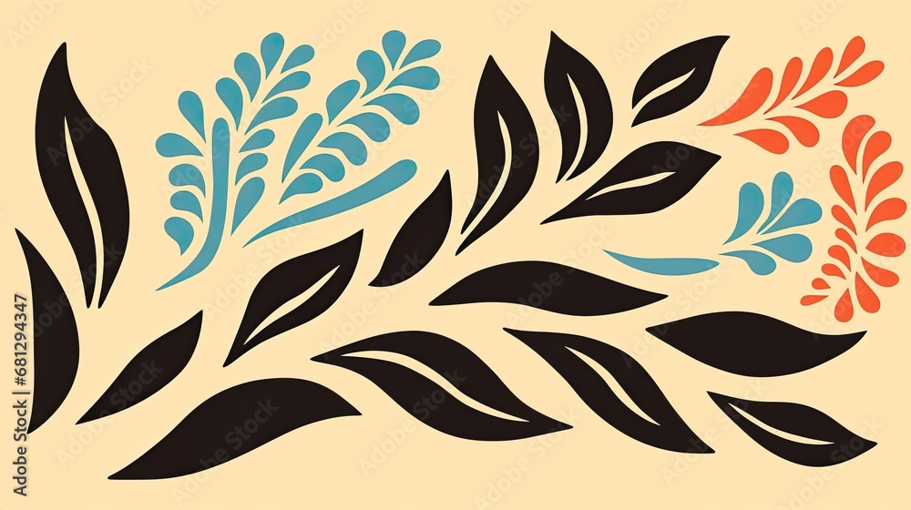Fototapeta premium a horizontal format of Abstract leaf and flower shapes on a light background in a floral-themed, graphic illustration in JPG. Generative ai