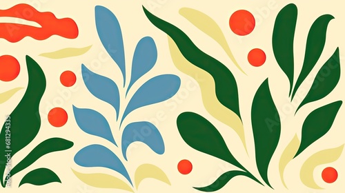 a horizontal format of Abstract leaf and flower shapes on a light background in a floral-themed, graphic illustration in JPG. Generative ai