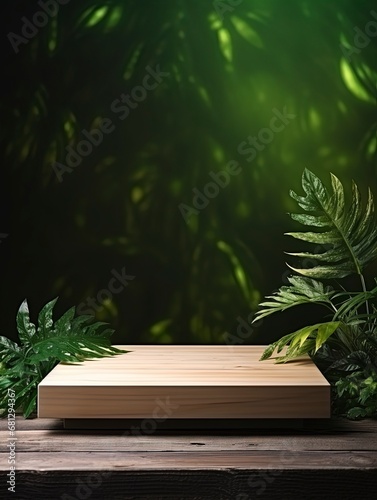 Wooden product display podium with nature leaves , empty podium, copy space, generative ai