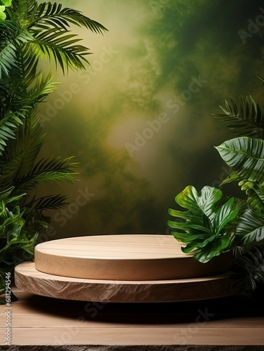 Wooden product display podium with nature leaves   empty podium  copy space  generative ai